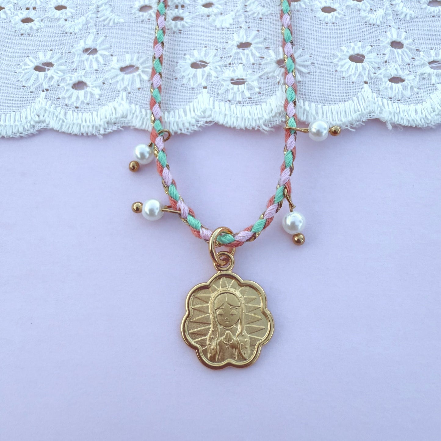 Flower Shaped Our Lady Satin Ribbon Necklace