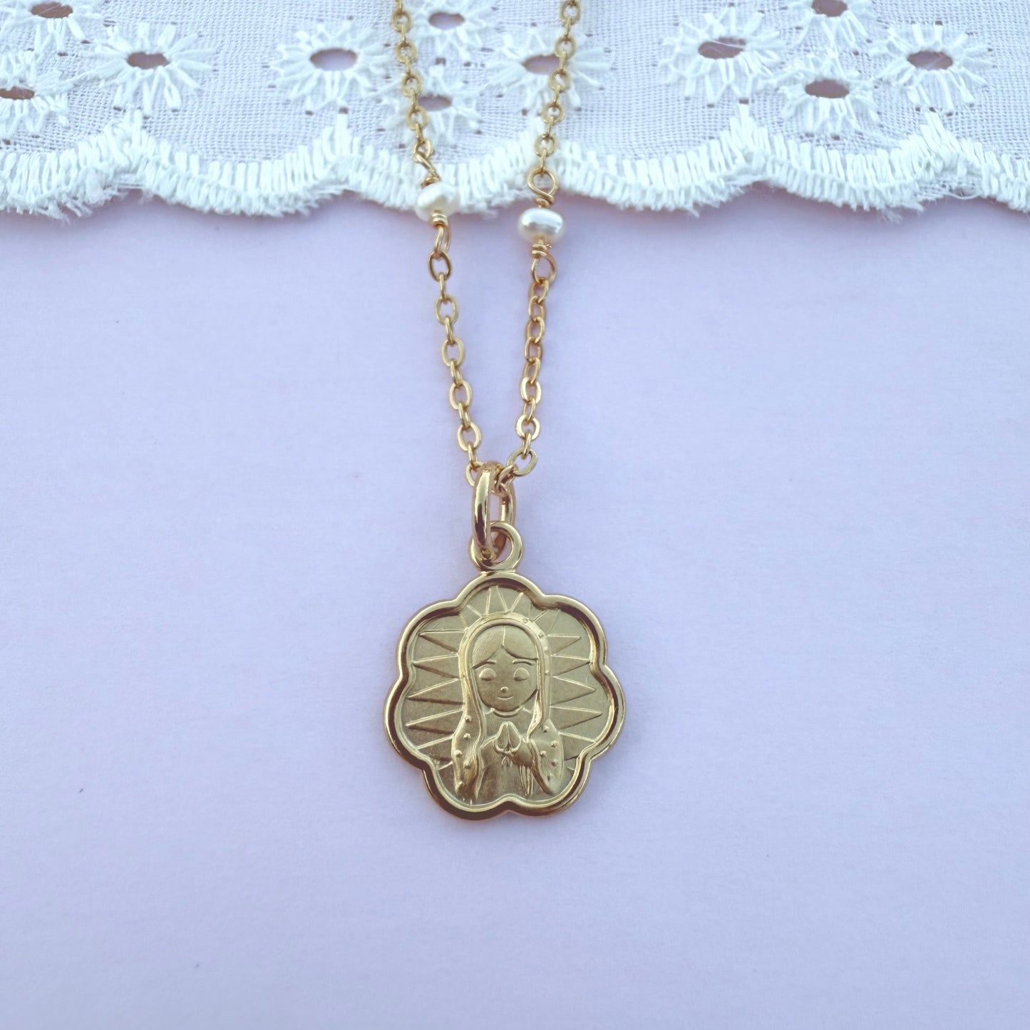 Flower shaped Our Lady of Guadalupe necklace