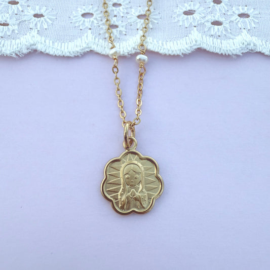 Flower shaped Our Lady of Guadalupe necklace