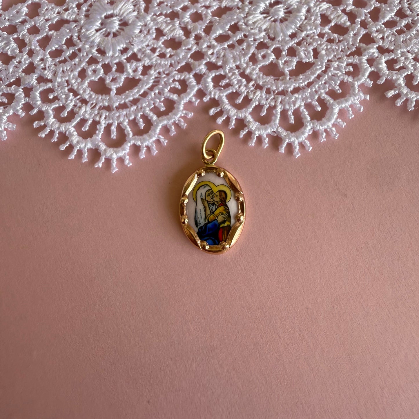 St. Anne Medal- gold lined antique ceramic medal