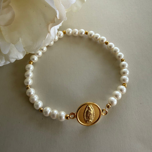 Our Lady of Guadalupe Pearl Bracelet- Gold Plated