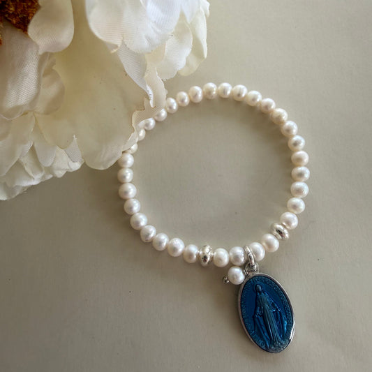 Miraculous Medal Pearl Bracelet-silver plated