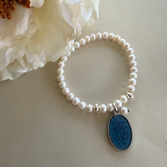Miraculous Medal Silver Plated Pearl Bracelet