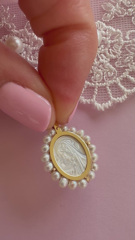 Madonna Pearl & Mother of Pearl 14k Gold Medal