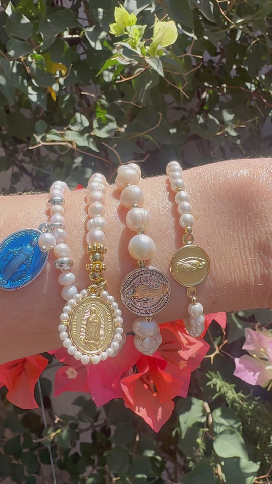 Our Lady of Guadalupe Medal Gold Plated Pearl Bracelet