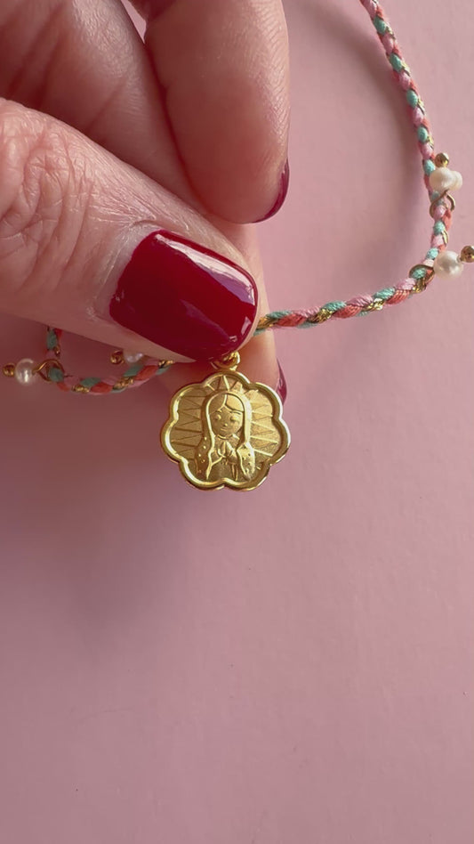 Flower Shaped Our Lady Gold Plated Satin Necklace